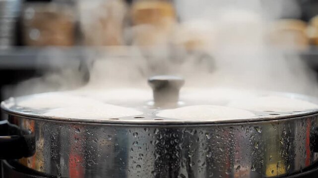 Close up of Idli batter steaming in a stainless steel steamer pot with condensation and white steam rising indoors with blurred background of food items on shelves