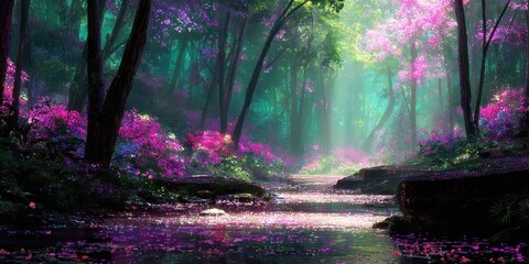 A luminous forest scene with pink blooms, a stream, and sunlight filtering through the trees