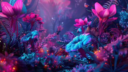 surreal maximalist fantasy garden with glowing neon flowers and magical light sparks