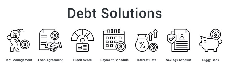 Debt solutions manage obligations through loan agreements and payment schedules balancing interest rates with savings growth.