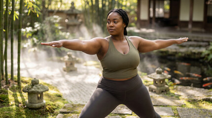 confident plus-size Black female model gracefully performing a warrior  yoga pose in a tranquil zen-style garden during mid-morning light