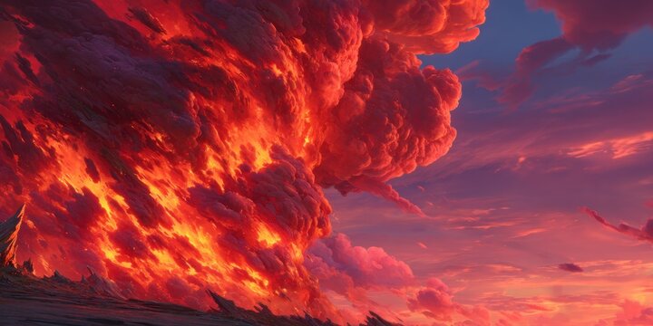 An epic, stylized sunset featuring swirling, fiery clouds, a dramatic color palette, and a landscape