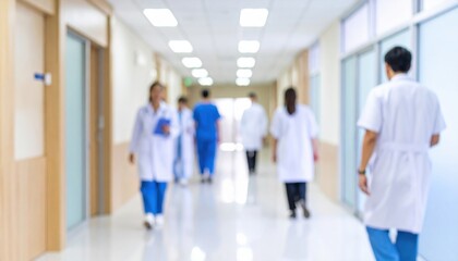 Fototapeta premium Busy hospital corridor with blurred medical staff walking and caring for patients, bright clinical lighting and clean modern interior creating calm professional atmosphere