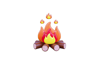 3D Campfire Burning with Flames on White Background