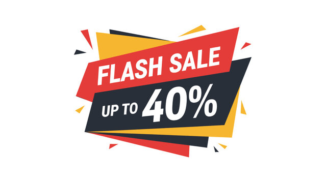 A vibrant graphic banner announcing a flash sale with up to 40% discount, featuring bold text and a modern, angular design.