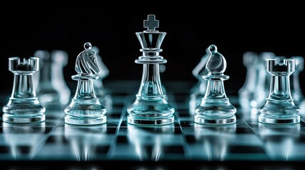 glass chessboard with elegant, minimalist pieces in mid-game, set on a dark, reflective surface. Strategic thinking, competition, and corporate maneuvering concept. Dramatic, high-contrast lighting.