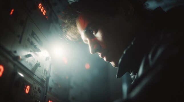 Young man dark industrial room, flashlight hand, checking complex fuse box, neon wires glowing, sparks holographic glitches, cinematic suspense lighting, cyberpunk atmosphere, close-up on focused face