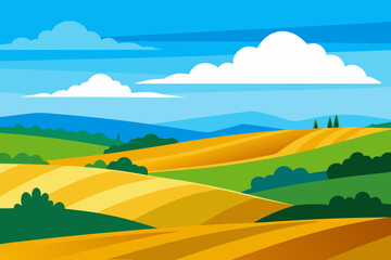 Obraz premium Serene countryside landscape with rolling hills and blue sky