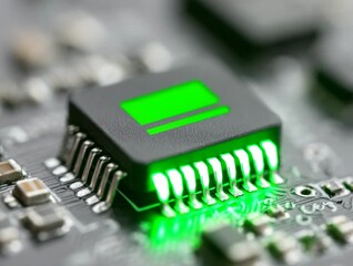 Close look at a green chip on a circuit board in a tech workshop during daytime