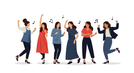 Obraz premium A group of happy young women in casual and business attire dancing together with musical notes floating around, celebrating friendship.