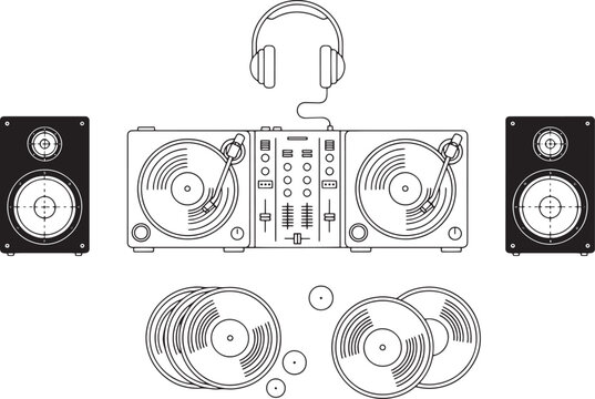 A sleek and modern DJ setup, meticulously illustrated, featuring a pair of turntables, a mixing console, headphones, a collection of vinyl records, and speakers. 