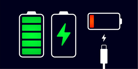 Charging battery. Power charger icon. Icon battery charging. Battery charge indicator with light. Phone power symbol, electric energy interface icon. Vector illustration