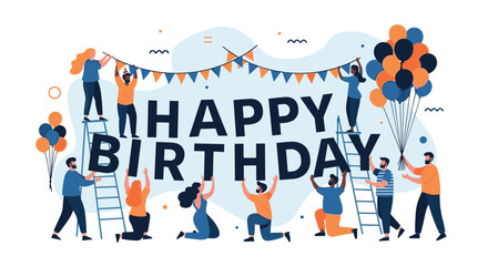 Naklejka premium A diverse group of cheerful people working together to set up large 'Happy Birthday' letters, decorating for a fun birthday party.