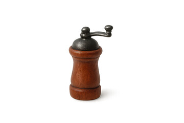 Wooden pepper mill with metal handle on transparent background