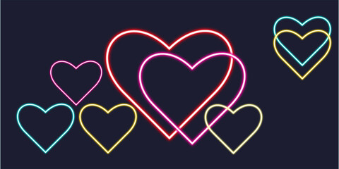 A vibrant collection of overlapping neon hearts against a dark solid black background