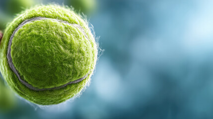 Close up of green tennis ball flying in air against blue sky background.

