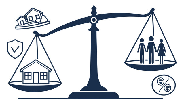 A 3d illustration of a gold scale of justice balancing a house and money as a symbol of legal and finance equality in a business law concept