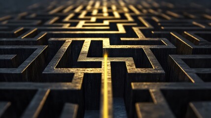 Abstract Business Concepts A complex and beautiful maze, viewed from above, with a single golden line showing the perfect path from start to finish. 