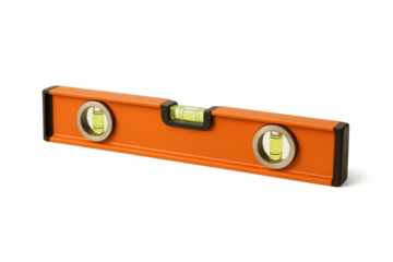 Orange spirit level tool measuring accuracy and precision, showing building construction and carpentry equipment on transparent background