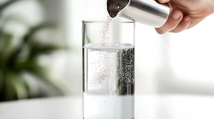 Infusing water with healthy grains. A hand pours grains from a silver pitcher into a clear glass of water, creating a visually appealing and healthful beverage. Refreshing and pure.