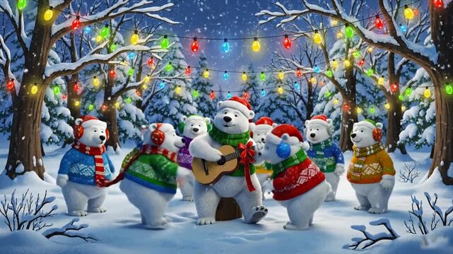 Winter Wonderland Carolers: A charming group of polar bears in festive attire gathers in a snow-covered forest, singing carols under a canopy of twinkling lights.