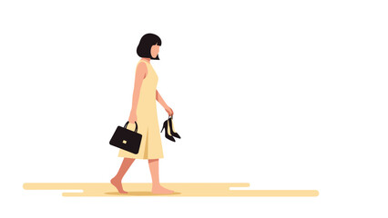 Woman walking barefoot carrying shoes and a handbag, suggesting a carefree or rebellious spirit and a relaxed summer vibe.