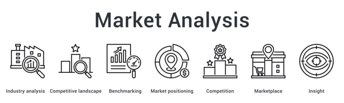 Market analysis banner web icon examines industry and competitive landscape through benchmarking for positioning insights.
