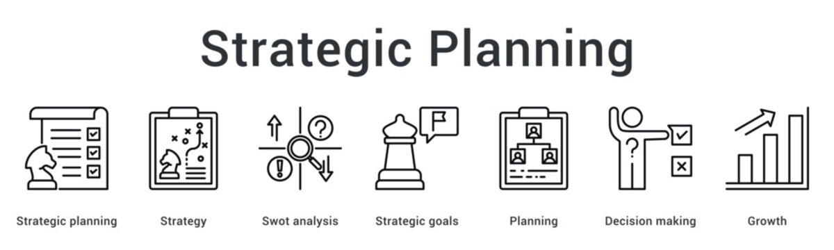 Strategic planning banner web icon defines strategy through swot analysis setting goals with planning and growth focus.