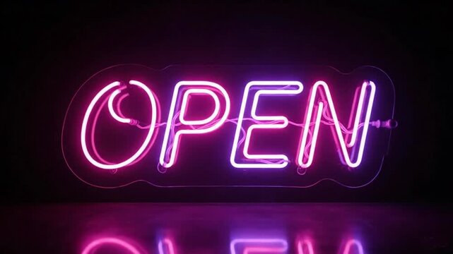 Glowing Open Sign: A neon sign radiates vibrant pink and purple, declaring 'OPEN' in a stylish font against a dark backdrop, signaling availability and welcoming potential customers.