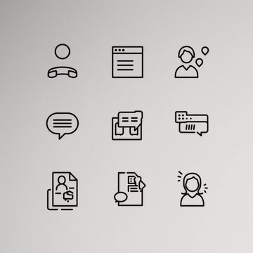 Set of communication icons for customer service and support featuring phone email address location chat message website contact page elements in thin line pictogram style