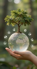Protect Earth Hand Holding Globe with Growing Tree Sustainability Concept