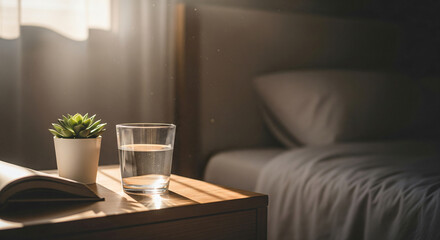 Fototapeta premium Sunlit hotel room with fresh flowers, water pitcher, and crisp white bedding.