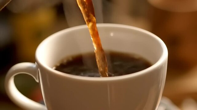 Hot coffee being poured into a white ceramic mug, steaming and aromatic, perfect for a morning beverage or a cozy break