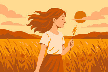 A serene young woman enjoys a peaceful moment in a vast wheat field, with rolling hills and a warm sunset in the background
