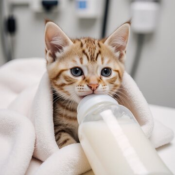Adorable ginger newborn kitten sips warm milk from a bottle wrapped in a soft towel at the vets