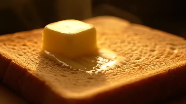 A delectable pat of golden butter slowly melts into a warm, crispy slice of toasted bread, creating a mouth-watering breakfast moment perfect for starting the day