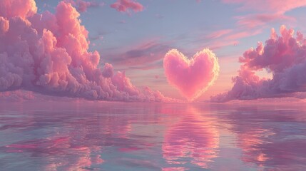 Stunning Pink Heart Shaped Clouds at Sunset Reflecting on Calm Water Surface