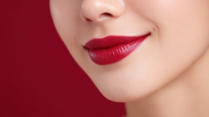 Close-up of Beautiful Red Lips with Lipstick on Smooth Skin Against a Flat Red Background
