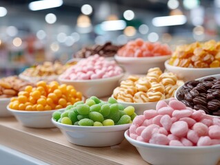 Colorful Variety of Gourmet Candies in Display Bowls at a Modern Sweet Shop