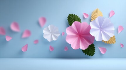 Vibrant Abstract Floral Art Design with Colorful Paper Flowers Against a Light Blue Background