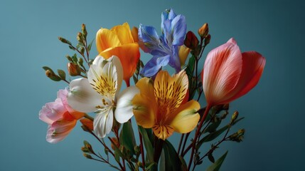 Vibrant Artistic Arrangement of Colorful Flowers Against a Flat Blue Background