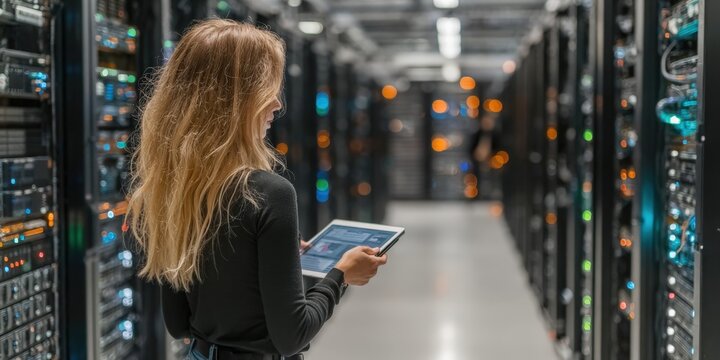Female Cybersecurity Expert Standing with a Tablet in a Server Room Focused on Data Security - Powered by Adobe