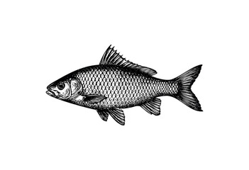 Obraz premium A detailed black and white line drawing of a single fish, rendered in a vintage engraving style against a clean white background, perfect for educational or design projects.