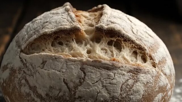 Close-up of a beautifully crusted, freshly baked rustic bread loaf, showcasing its artisanal texture and delicious, golden-brown interior, ready for a hearty meal