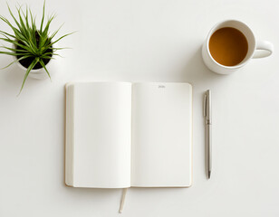 Minimalist workspace flat lay with blank 2026 planner, coffee, pen, and plant on white background. Top view for new year goals, business planning, and creative productivity mockup.