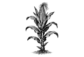 Fototapeta premium Detailed black and white line art illustration of a mature corn plant, showcasing its stalk, leaves, cob, and root system against a clean white background.