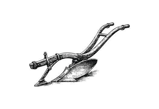 A detailed black and white ink illustration of an old-fashioned horse-drawn plow, isolated on a white background. Perfect for themes of agriculture, history, and farming.