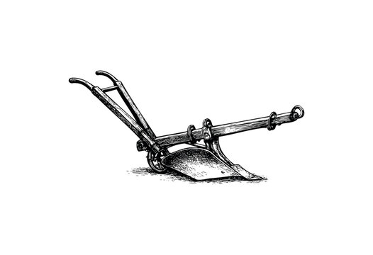 An antique single-furrow plough is depicted in a vintage black and white illustration, isolated on a white background, evoking a sense of history and manual labor.