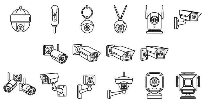 Collection of various security and surveillance camera icons presented in a clean black and white outline style