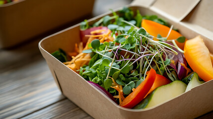 A vibrant salad in a box: showcasing crisp greens, colorful peppers, and fresh sprouts. A healthy and delicious meal option, perfect for a quick lunch.